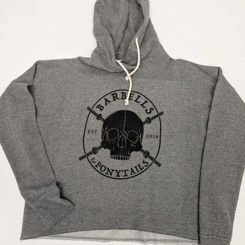 Barbells and Ponytails Skull Hoodie Crop Sweatshirt - Picture 1 of 2